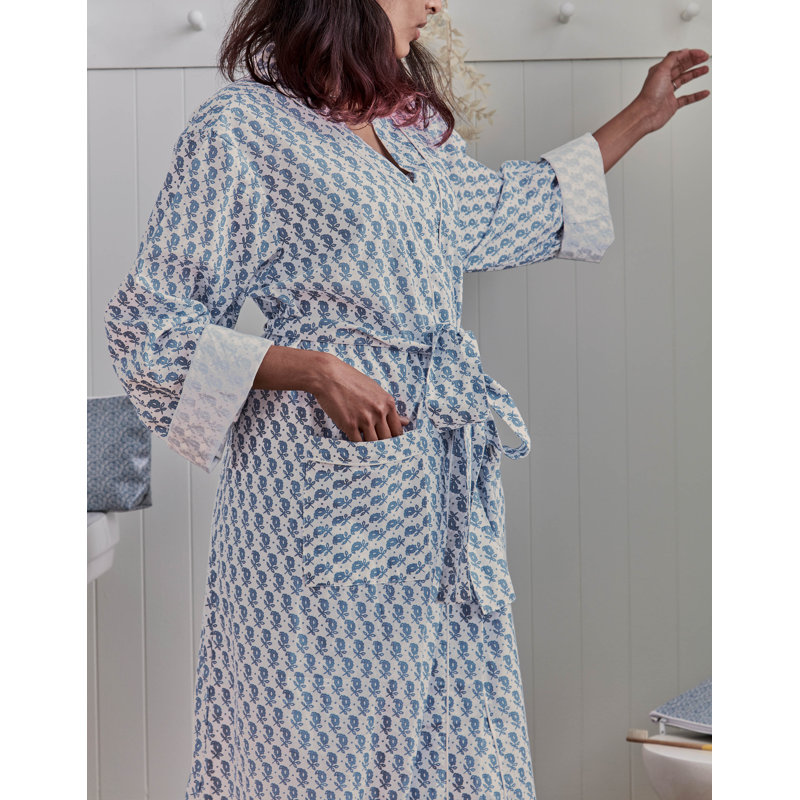 Bree 100% Cotton Plain Weave / Muslin Mid-Calf Bathrobe, Blue