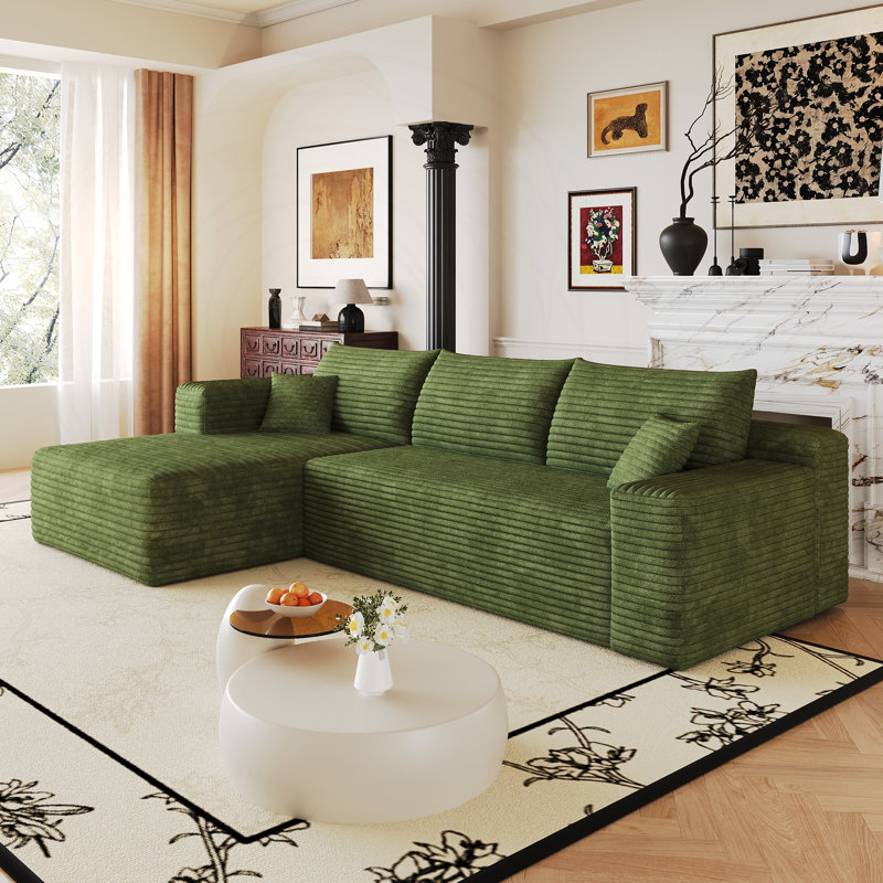 Canapé modulaire en L avec velours côtelé moelleux et sans assemblage requis, 32.3" H x 103.2" W x67.8" D, Green