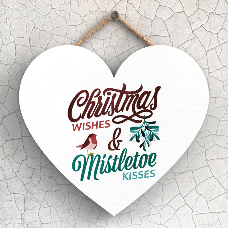 Wishes Kisses Wooden Heart Hanging Plaque, 16cm H x 17cm W x 0.9cm D