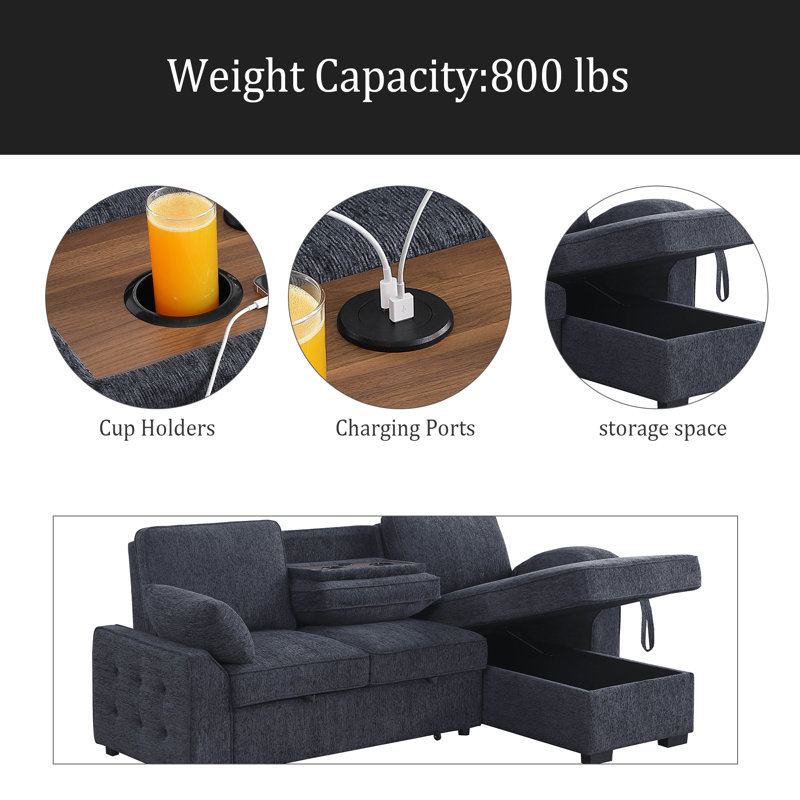 Mackenzie 91"W Chenille Fabric Reversible Sleeper Sectional With Storage Chaise, Drop-Down Table, Cup Holders And Charging Ports
