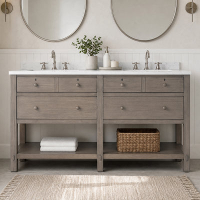 Meuble-lavabo double autoportant de 60 po avec plateau en pierre d'ingénierie Lunnete