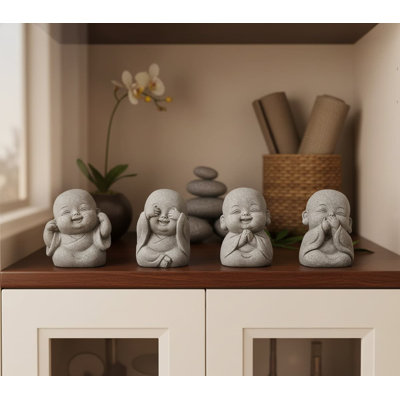 1.65" Small Laughing Buddha Figurines (4Pcs) | Gray Sandstone Luck Decor