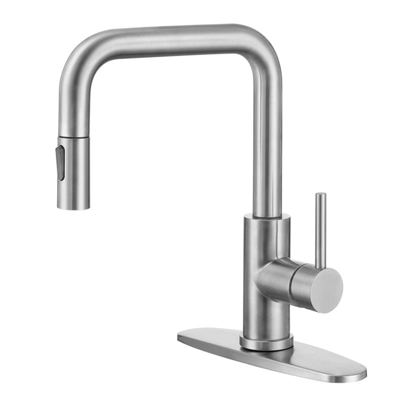 Robinet d'évier de cuisine, avec douchette extractible, nickel brossé, robinet à poignée simple en acier inoxydable