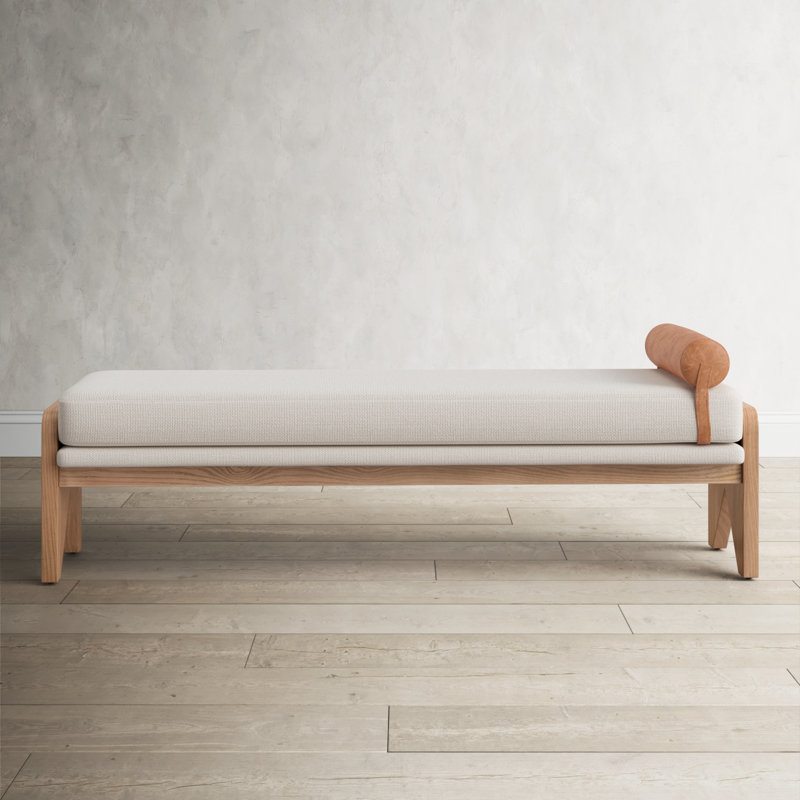 White Upholstered Bench with Ash Base and Leather Bolster