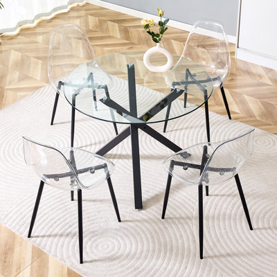 Round Dining Table Set For 4,  Glass Dining Room Table Set, 5-Piece Kitchen Table And Chairs Set, For Living Room, Small Space (Include 4 Acrylic Chairs)