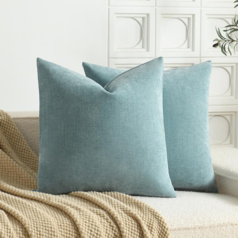 Soft Textured Slub Chenille Solid Cushion Cover Cozy Neutral Farmhouse Decorative Pillow Covers, Square 22", Light Blue
