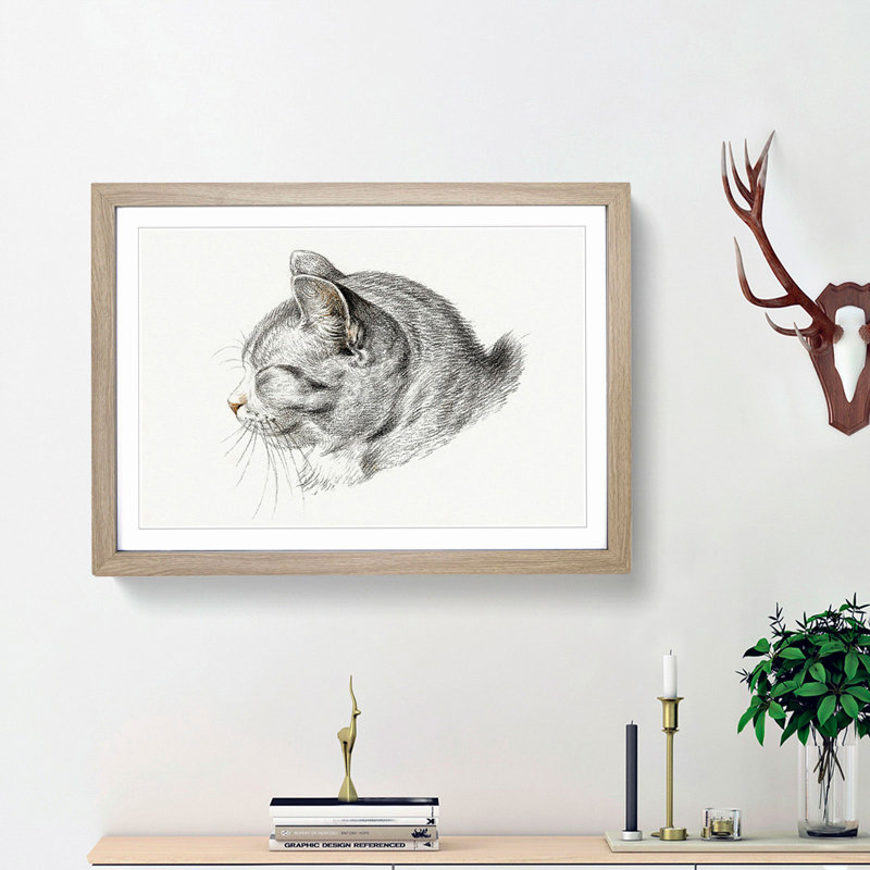 Cat Illustration by Jean Bernard - Picture Frame Graphic Art Print, 27cm H x 36cm W x 2cm D, Oak Framed