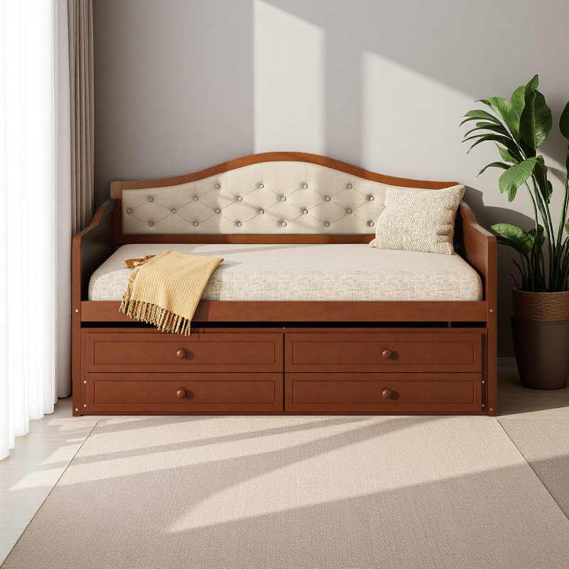 Twin Daybed With Trundle, Twin Size Daybed With 2 Storage Drawers, Wooden Sofa Bed With Upholstered Button Tufted Backrest For Living Room