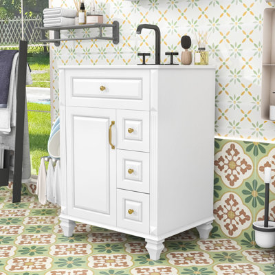Meuble-lavabo autoportant élégant avec lavabo en céramique, tiroir rabattable, tablette réglable et support de rangement