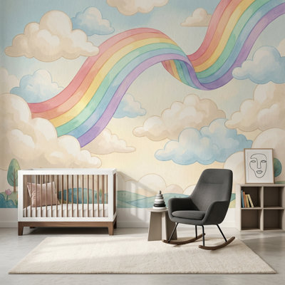 Papier peint pastel arc-en-ciel avec nuages fantaisistes