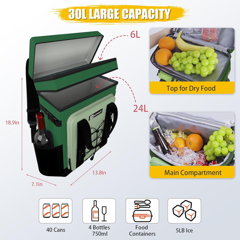 40 glacières pour sac à dos, grand sac à dos pour glacière, glacières de camping isolantes et imperméables, Vert