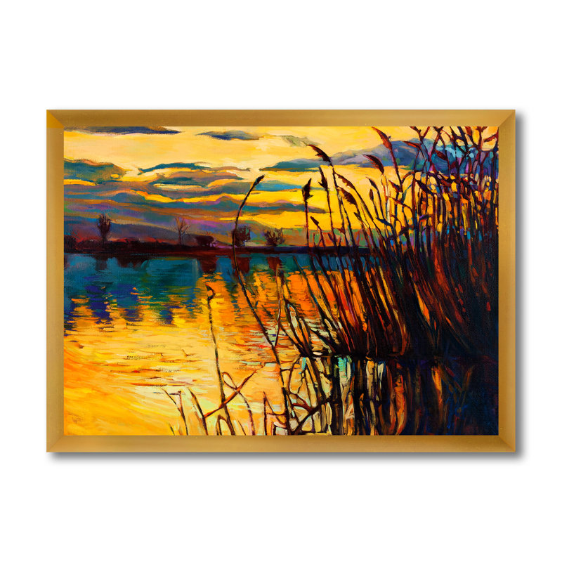 Coucher de soleil jaune à travers les hautes herbes au bord du lac - Peinture sur toile, Cadre doré