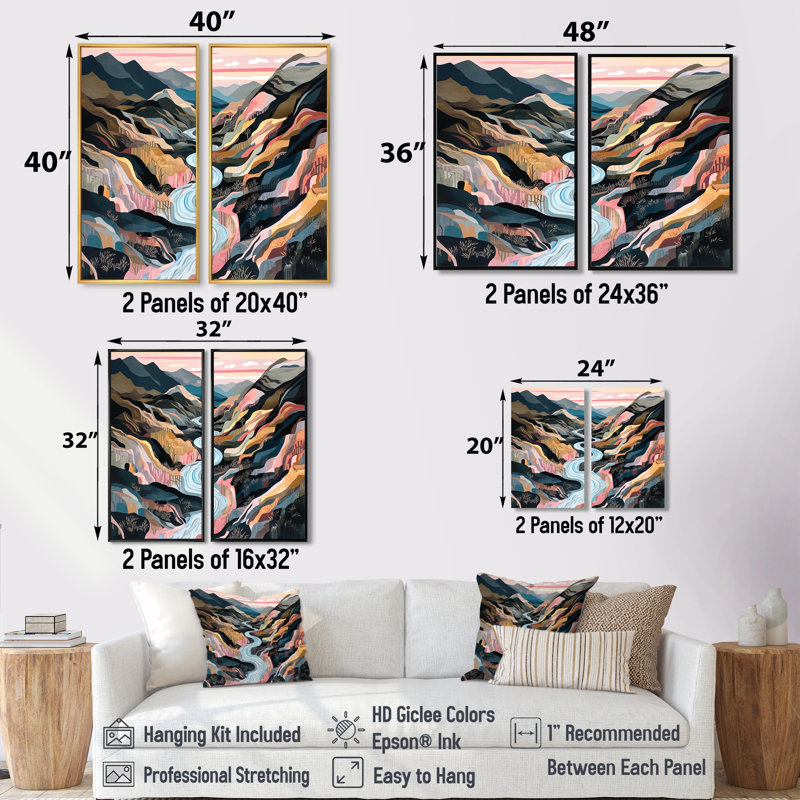 Vibrant Mountain Landscape II - paysages abstraits, impressions sur toile, 2 panneaux, Noir, H 36 po x l 48 po