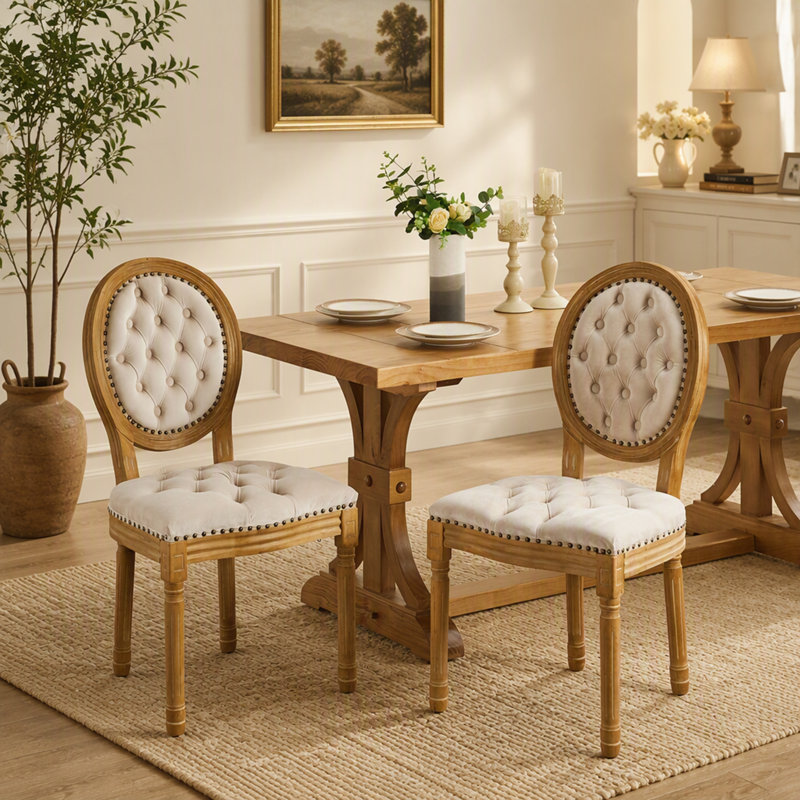 Chaise de salle à manger en bois massif de style français avec garniture cloutée (ensemble de 2), Beige