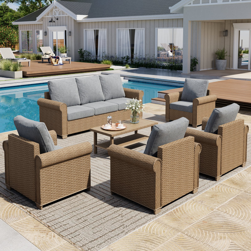 All-Weather Wicker 7 - Person Patio Conversation Sets with Cushions, Gray