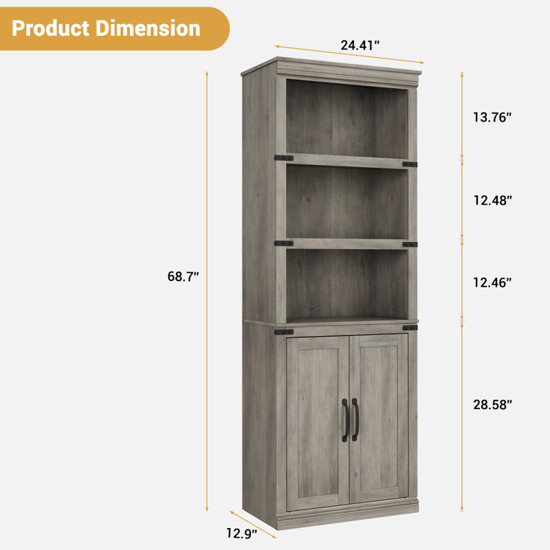 68.7" Tall 5-Shelf Bookcase with Storage Cabinet, Wooden Bookshelf with Doors,  Display Cabinet for Living Room, Bedroom, Office