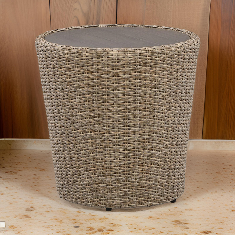 Ineshia 22 Inch Outdoor End Table, Round Shape, Handwoven Resin Wicker, Beige Brown