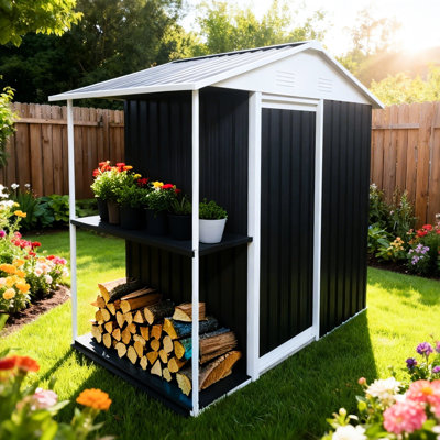 6x4 Ft Outdoor Metal Shed With Shelves And Rack, Roof For Wind Resistance, Galvanized Steel, - Corrosion Sun , Frame Backyard Lawn Garden Storage Rack Shelves, Double Sloped Design, Colour Waterproof