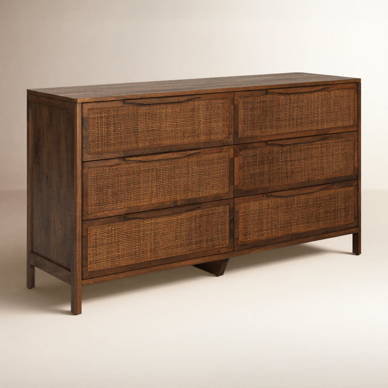 Nellie 6 Drawer Cane Dresser, Brown Wash/Brown Cane