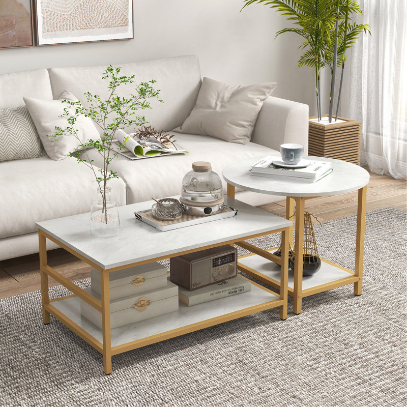 Coffee Tables Set of 2, 2-Rier Rectangle and Round Coffee Table with Storage Shelves