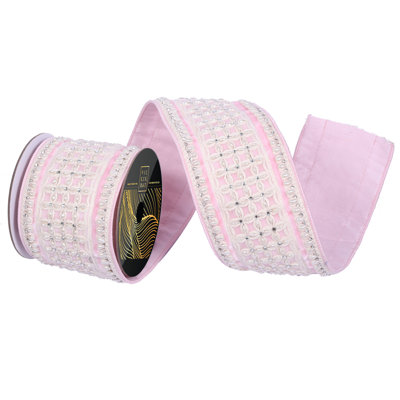 4" x 5yd Pink Wired Ribbon with Drop Pearl and Jewel Center and Trim. Pink Dupion Backing. Measuring 4 inches in width and 5 yards in length, it's perfect for a variety of festive projects.
