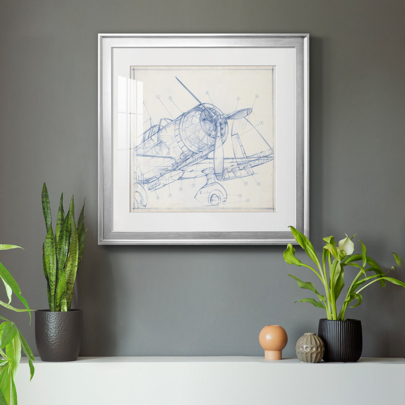 Croquis mécanique d'avion I-Premium, reproduction encadrée - prêt à être accroché, H 30,5 po x l 30,5 po x P 1,5 po, Blanc