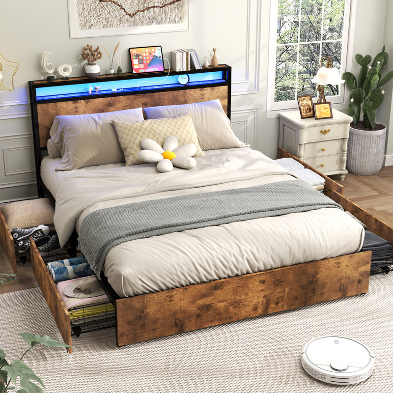 Modern Full/Queen Bed Frame With LED Lights, Storage Drawers, And Charging Station – Available In Brown And Gray, Full, Brown