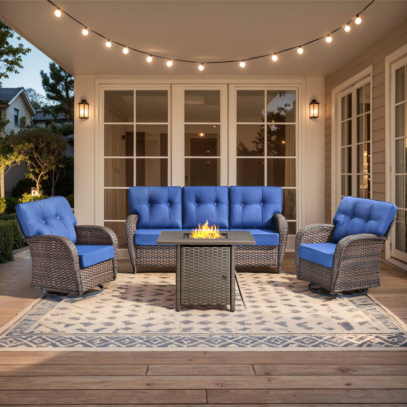 Ensemble de conversation pour patio en osier 4 pièces avec table carrée et chaises pivotantes Fiorillo, Bleu