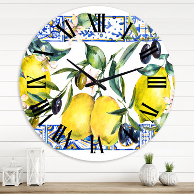 Horloge murale tropicale ornement citron sur fond bleu II