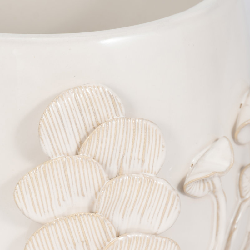 Stoneware Ceramic Planter with Textured Botanical Design., 9" H x 8" W x 7" D