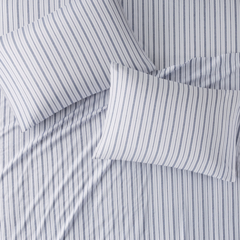 Ensemble de draps 100% coton 200 fils 200 fils, Ensemble de draps pour lit double avec 2 taies d'o, Bleu rayé