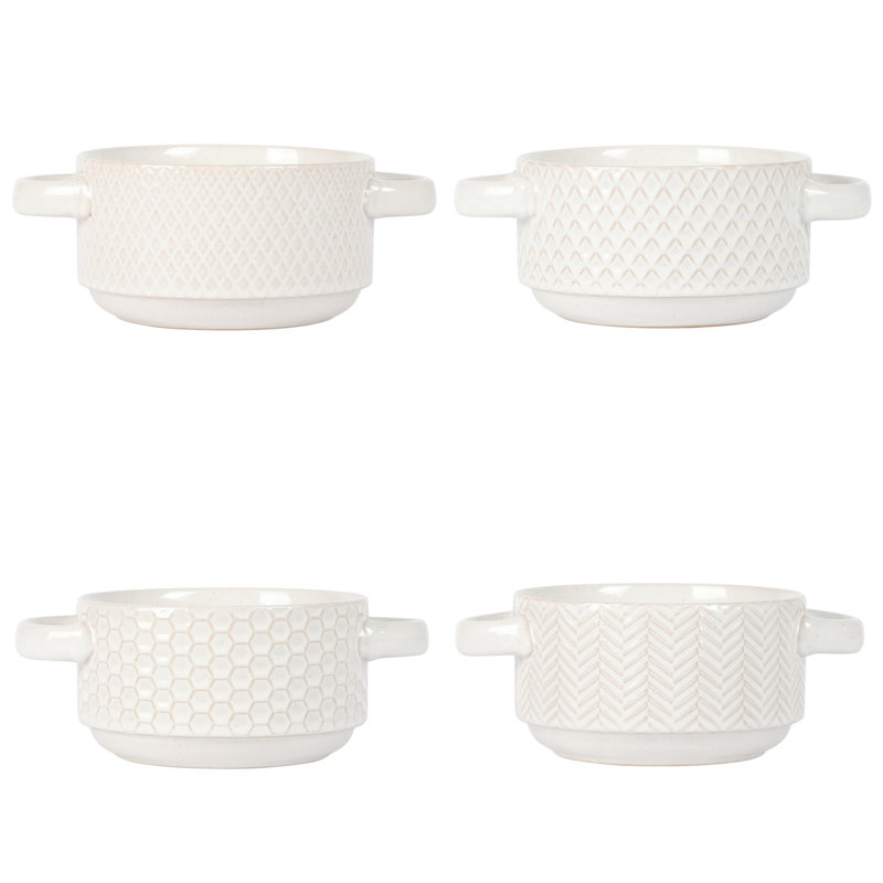 Gibson Elite Oyster Tide Embossed 6 Inch Soup Bowls with Handles. French Onion Soup Crocks, Stackable Soup Bowl, Chili, Beef Stew Reactive Glaze  Stackable Ceramic Bowl, Set of 4, White