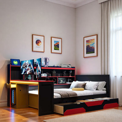 Modern Gaming Daybed With Integrated Desk, Light Strips, Built-in Charging Station, 3 Storage Drawers And Storage Shelves