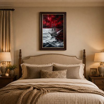 Art mural sur toile noir avec voilier gris sur fond de ciel rouge profond