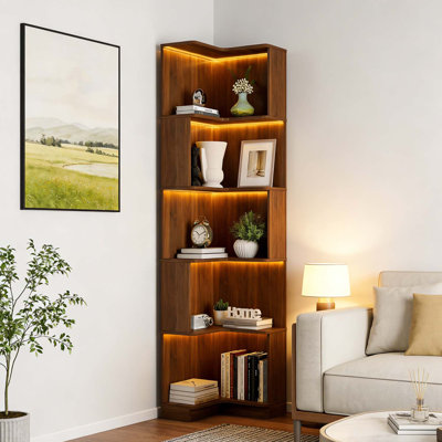 Corner Bookshelf with LED Lights for Home and Office