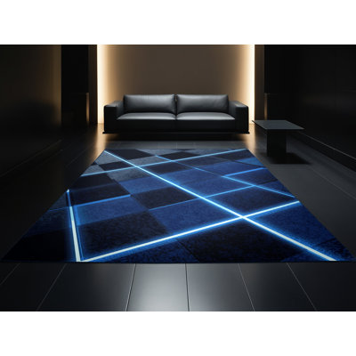 Machine Washable Pahola Retro Checkered Rug in Blue – Navy Binding