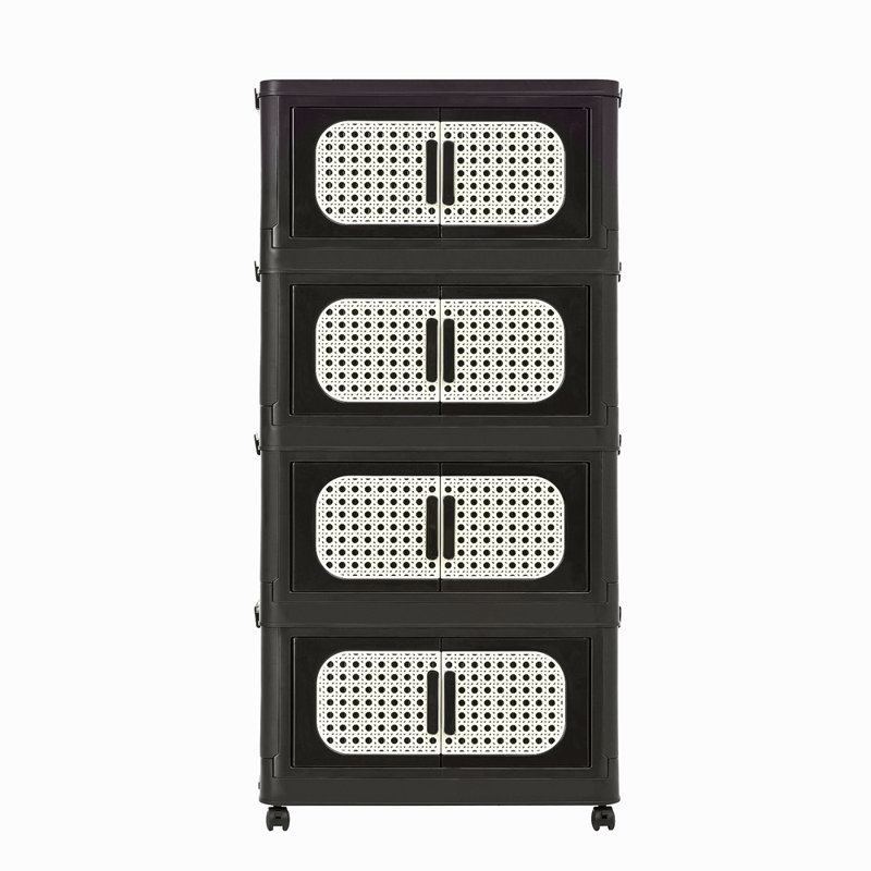 Retro 20" Side Wide Folding Storage Cabinet ,4 Tiers,19.69"×11.81"×40.55",Collapsible Storage Bins With Magnetic Door, Plastic Storage Cabinet With Wheels
