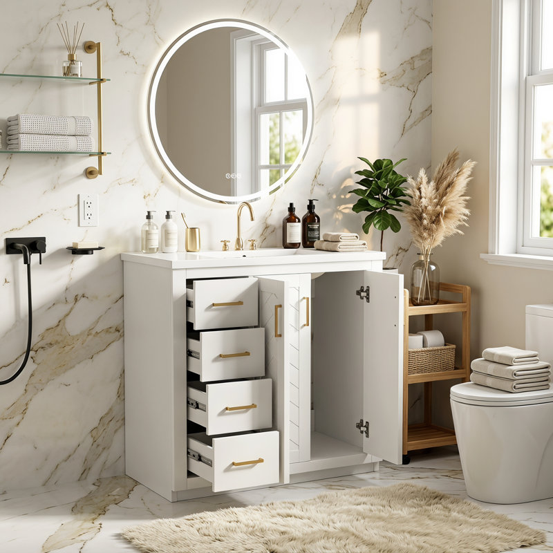 Ensemble de meuble-lavabo 30 po avec lavabo en céramique, meuble de rangement pour salle de bain avec cadre en bois massif, ensemble de meuble-lavabo autoportant avec 3 tiroirs et portes à fermeture douce