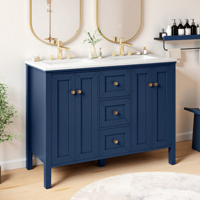47" Double Sink Bathroom Vanity With Engineered Stone Top, Ceramic Sink