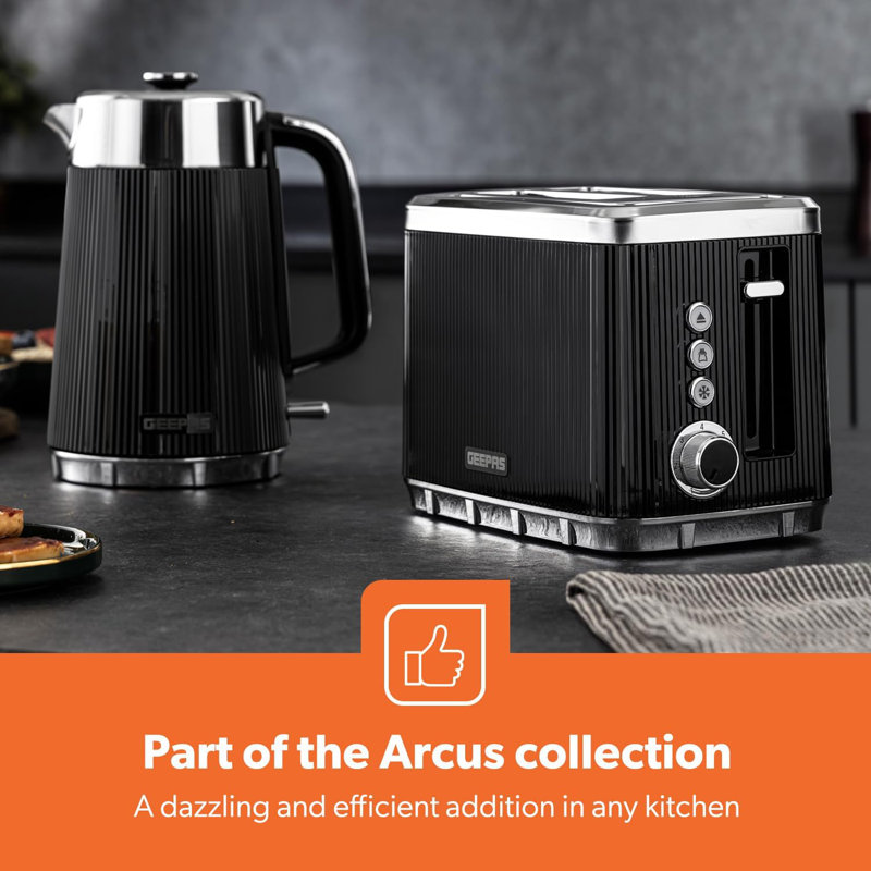 GEEPAS Arcus 1.7L Electric Kettle & 2 Slice Toaster Kitchen Combo Set | 3000W Rapid Boil Cordless Jug Kettle | Auto Shut-Off 360° | 930W Bread Toaster 7 Browning Levels Cancel Defrost Reheat
