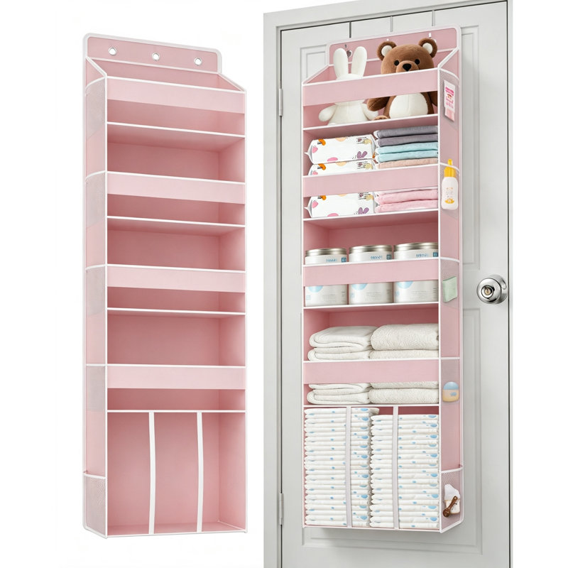Pink 5-Shelf Over-the-Door Storage Organiser | 40 lbs Maximum Load, 10 Mesh Side Pockets & Clear View Window, Baby Nappy Hanging Storage for Nurseries, Bedrooms, Bathrooms & Laundry Rooms