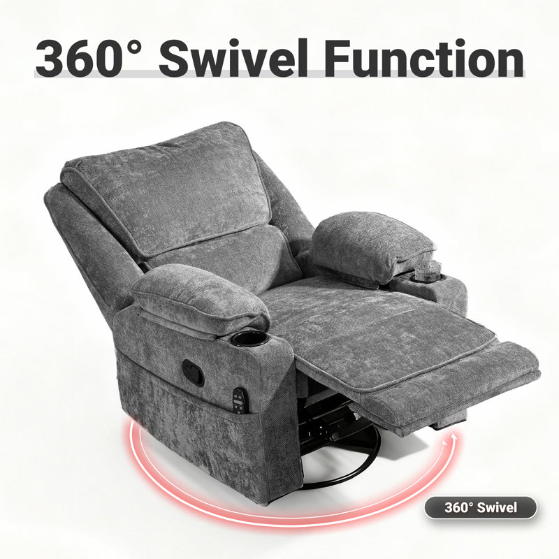 Swivel Rocker Recliner With Massage Heat Chenille Fabric Cup Holders Easy Assembly, Gray
