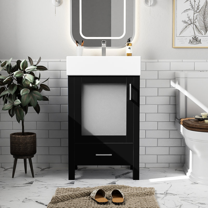 Meuble-lavabo de 20,51 po avec pieds en bois massif, lavabo en céramique, charnières, rangement compact de 20 po au design moderne, porte à fermeture en douceur, look minimaliste contemporain