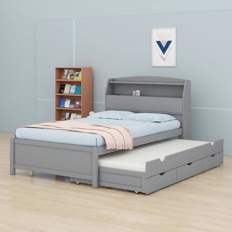 Lit plateforme en bois avec lit gigogne et tête de lit à DEL avec tiroirs, Gris