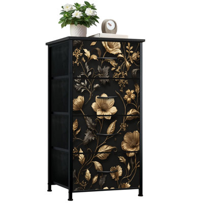 Dresser for Bedroom with 4 Storage Drawers Elegant Gold Beige Floral Black Dressers Chest of Drawers Steel Framed Fabric Closet Organizers for Nursery Kids Dorm Entryway