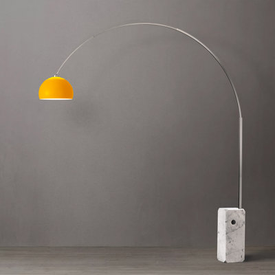 Iconic 95"H Mid-Century Modern Arc Lamp - Satin Nickel Steel Body, White Marble Base, Half-Dome Mustard Steel Shade, Dimmable with Foot Slide Dimmer, Smart Switch Compatible