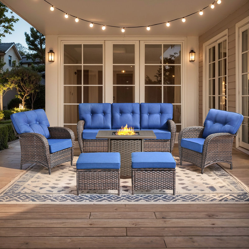 Fiorillo 6-Piece Outdoor Wicker Patio Conversation Set With Square Fire Pit Table And Lounge Chairs, Blue