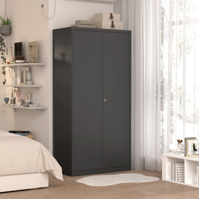 Metal Wardrobe With Lock And Hanging Rod, Black Closet For Bedroom, Adjustable Shelves -proof Insulation Cabinet Lock, Rod Shelves, Bedroom Storage, -