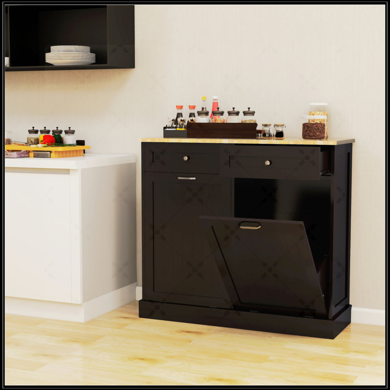 Armoire à ordures inclinable à deux tiroirs et à deux compartiments - Noir, Noir