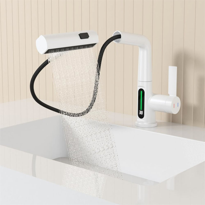 Robinet de lavabo à DEL à affichage de la température - relevable, pivotant sur 360 °, 31 becs, réglable en hauteur, blanc pour le lavabo de la salle de bain
